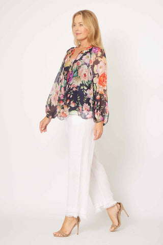 La Strada - Frill Tie Neck Top - Navy/Pink Floral