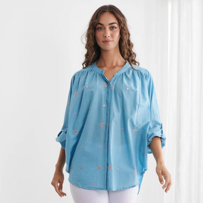 Caju - Hidden Buttons & Embroidered Shirt - Sky