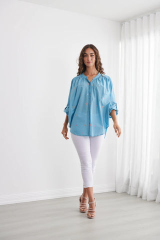 Caju - Hidden Buttons & Embroidered Shirt - Sky