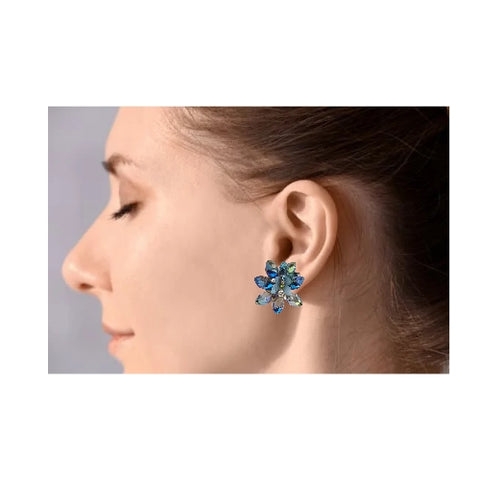 MCLuxe-Celeste Bloom - Iridescent Blue Crystal Flower Butterfly Stud Earrings-R0102951