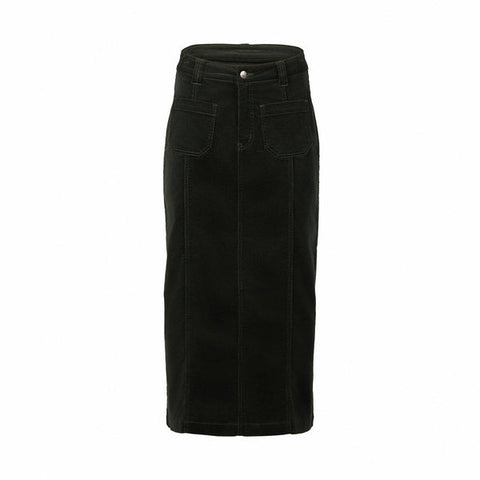 Vassalli - Mid Length Cord Skirt with Front Panel Seams - Forest