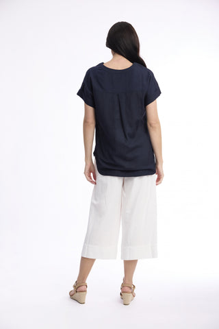 Orientique - V Neck Linen Top - Navy