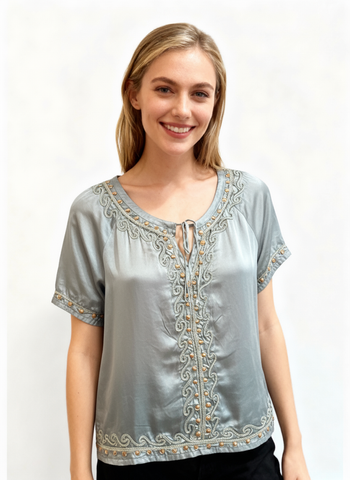 Caju - Blouse with Applique, Beadwork & Tie Neck-Sage