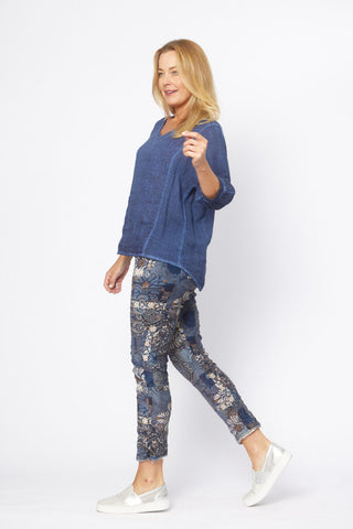 La Strada - Linen/Cotton Mesh Panel Sides V-Neck Top - Navy
