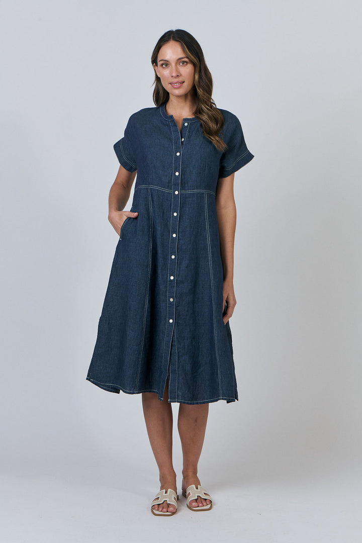 Naturals by O&J - Linen Short Sleeve Dress-Poseidon