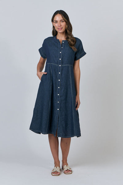 Naturals by O&J - Linen Short Sleeve Dress-Poseidon