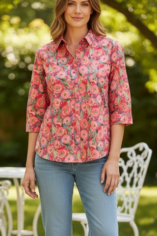 Equinox - 3/4 Sleeve Pure Cotton Shirt - Cottage Garden
