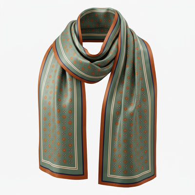 Melange - Double-Sided Silk Skinny Scarf - Sage & Rust