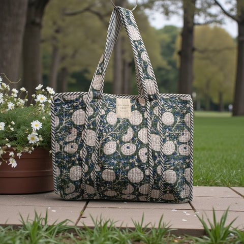 Melange - Handcrafted Floral Quilted Tote Bag – Forest Green and Cobalt Print