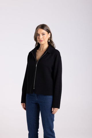 Two T's - Zip Through Merino/Cotton Cardigan- Black