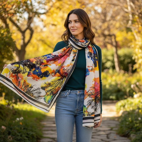 Melange - Wool and Silk Blend Luxury Scarf-Flame Trees