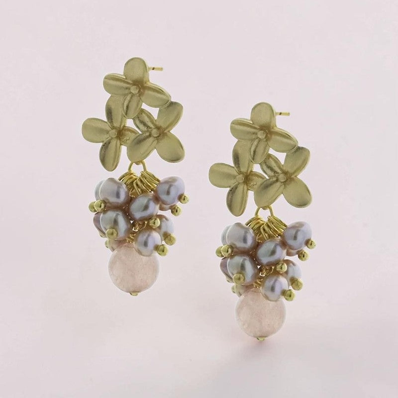 MCLuxe - Fleur de Perle Freshwater Pearl & Rose Quartz Floral Statement Earrings – 18K Gold Plated