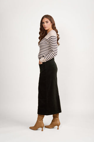 Vassalli - Mid Length Cord Skirt with Front Panel Seams - Forest