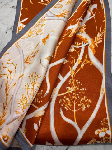 Melange - Double-Sided Silk Skinny Scarf - Burnt Orange Floral