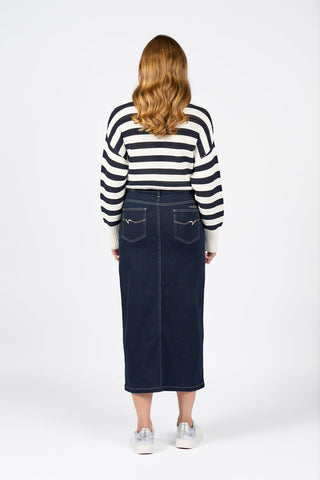 Vassalli - Mid Length Skirt with Centre Front Split - Ink Denim