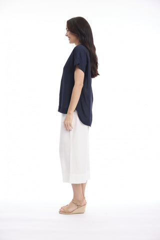 Orientique - V Neck Linen Top - Navy
