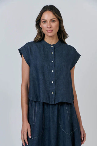 Naturals by O&J - Linen Short Sleeve Button Top-Poseidon