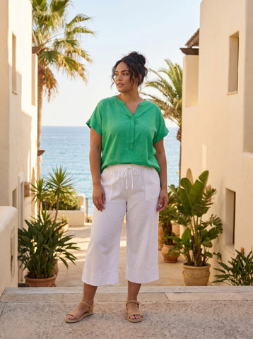 Orientique - V Neck Linen Top - Green