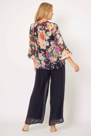 La Strada - Frill Tie Neck Top - Navy/Pink Floral