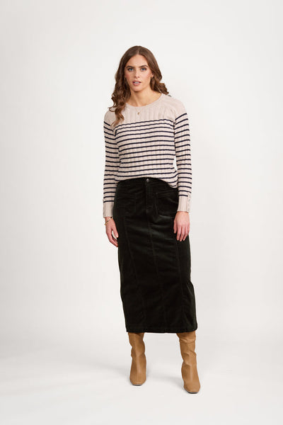 Vassalli - Mid Length Cord Skirt with Front Panel Seams - Forest