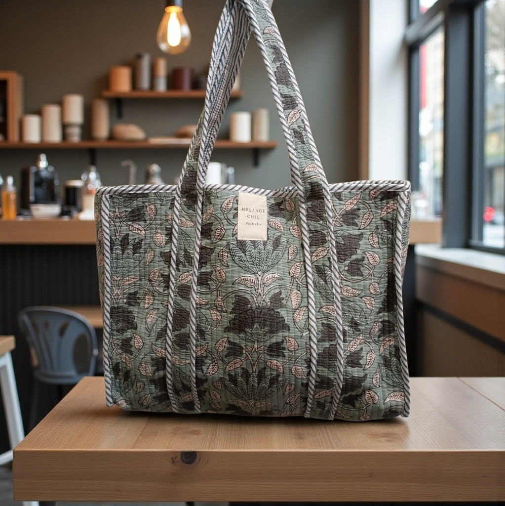 Melange - Handcrafted Floral Quilted Tote Bag – Sage and Charcoal Print