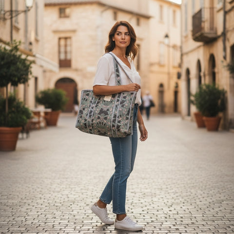 Melange - Handcrafted Floral Quilted Tote Bag – Sage and Charcoal Print