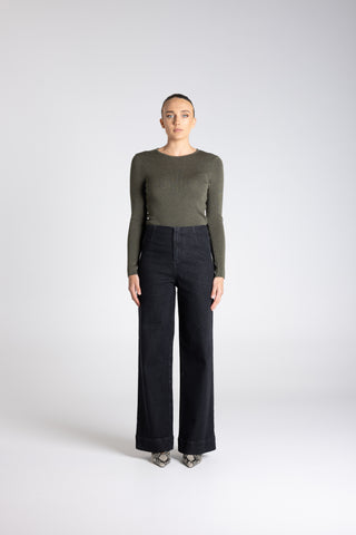 Two T's - Denim 7/8 Wide Leg Pants - Black
