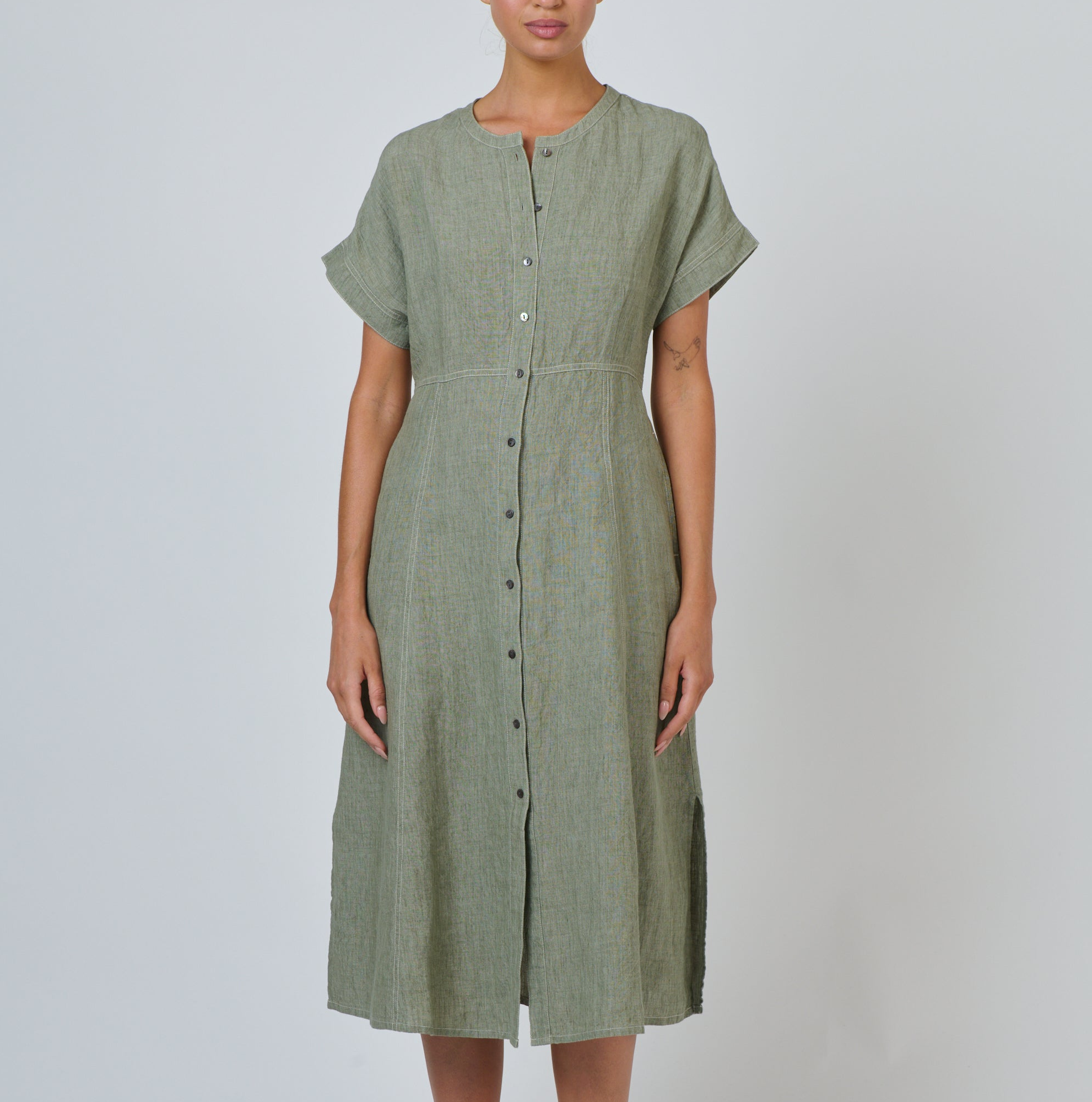 Naturals by O&J - Button Through A Line Linen Dress - Artichoke