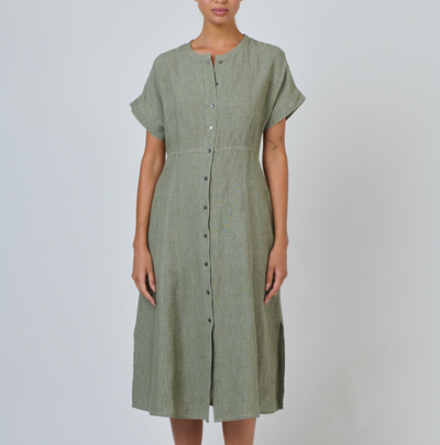 Naturals by O&J - Button Through A Line Linen Dress - Artichoke