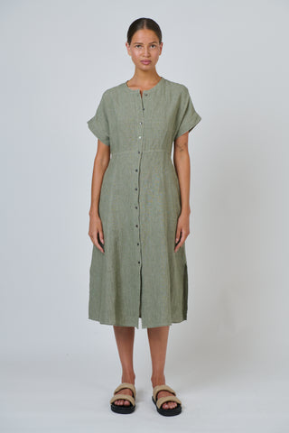 Naturals by O&J - Button Through A Line Linen Dress - Artichoke