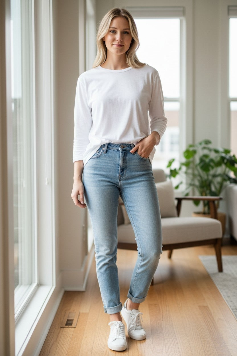 Two T's - Crew Neck Long Sleeve T-Shirt - White