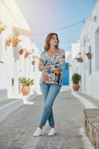 Equinox - V Neck 3/4 Sleeve Top - Santorini