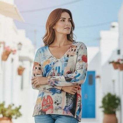 Equinox - V Neck 3/4 Sleeve Top - Santorini