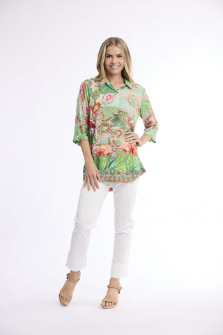 Orientique - Digital Print Collared Shirt - Flamingo