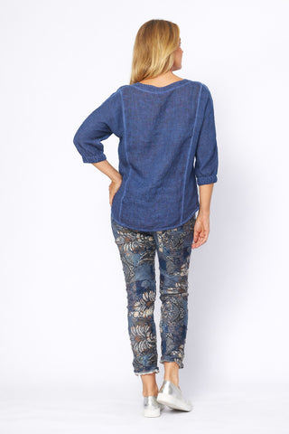 La Strada - Linen/Cotton Mesh Panel Sides V-Neck Top - Navy