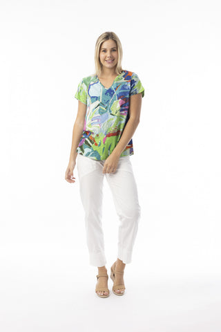 Orientique -  Leaves Blue V Neck Tee