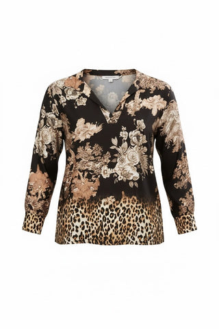 La Strada - Viscose Printed Collar Top - Blk/Dusty Pink