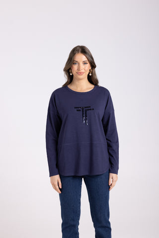 Two T's - Sequin Logo Long Sleeve T-French Navy