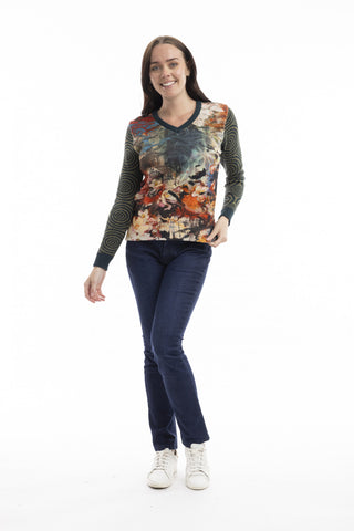 Orientique - Digital Print V Neck Jumper - Freebird