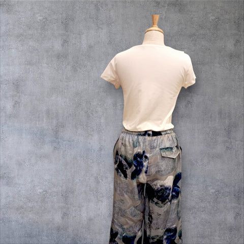 CCB - Linen Wide Pant Floral Print-Blue