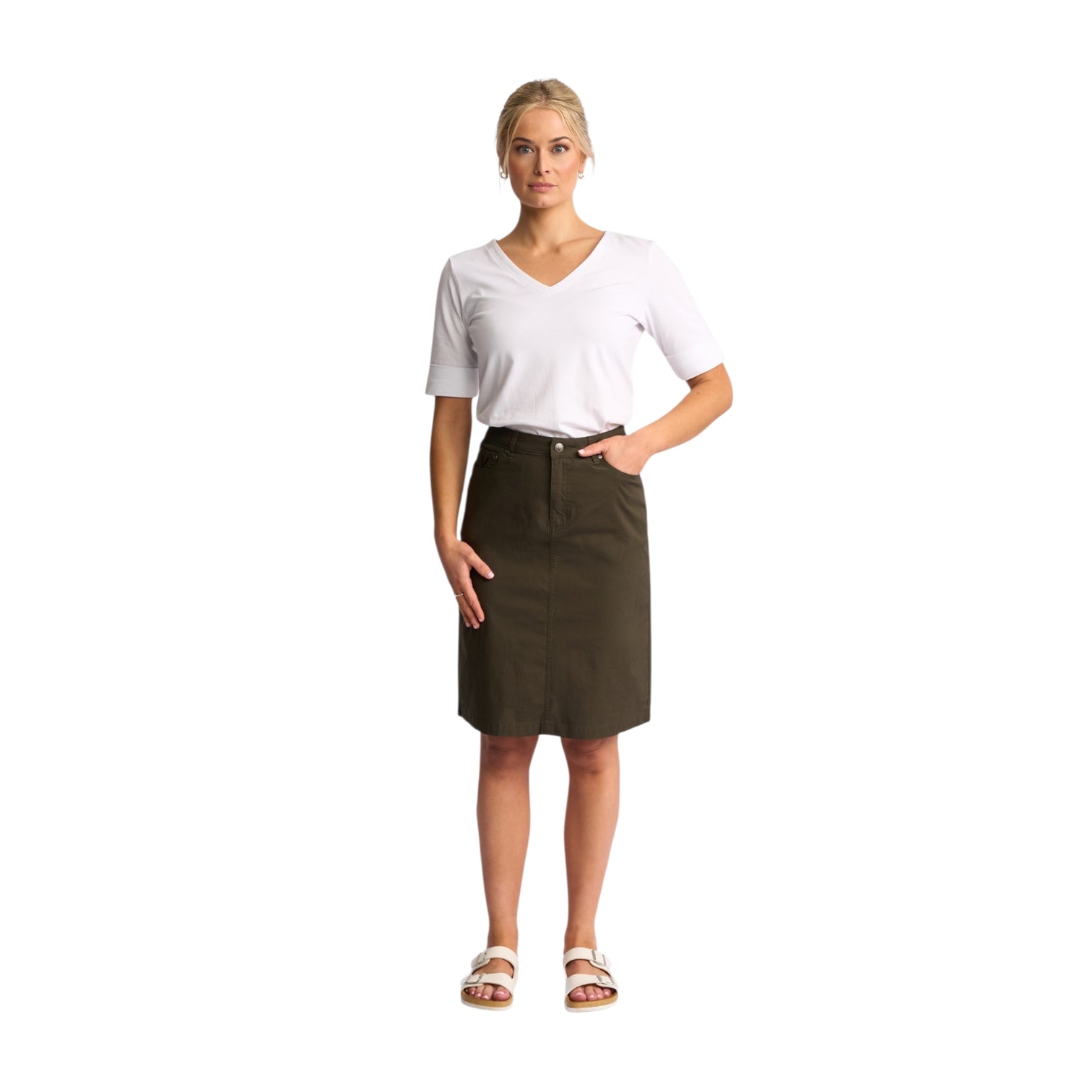 Vassalli - Poppy Poplin Knee Length Skirt - Khaki