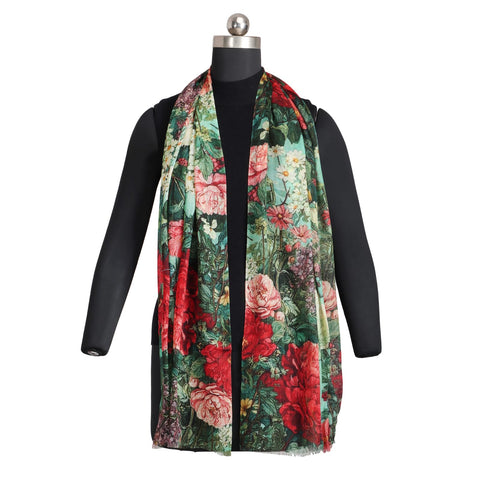 United - Australian Wool/Silk Print Scarf - Green & Red Vintage Floral