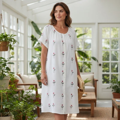 May Twenty - Embroidered Cotton Nightie - Rose Bud - White/Red
