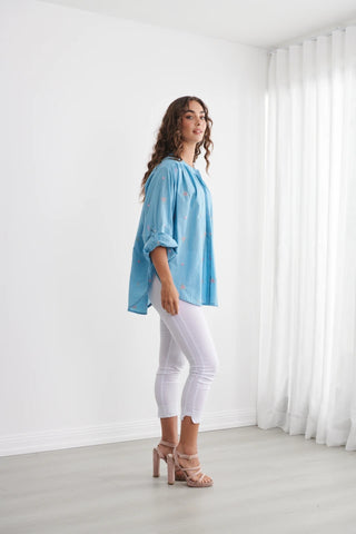 Caju - Hidden Buttons & Embroidered Shirt - Sky