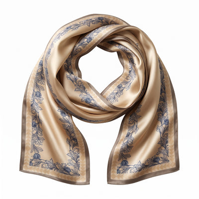 Melange - Double-Sided Silk Skinny Scarf - Champagne Floral