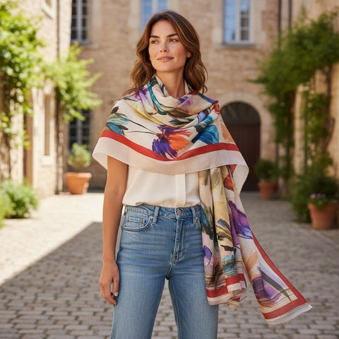 Melange - Wool and Silk Blend Luxury Scarf-Brushstroke Flowers