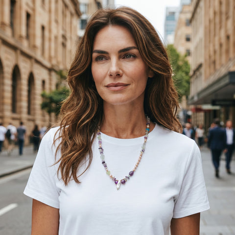 MCLuxe - Handcrafted Fluorite/Amethyst & Natural Pearl Necklace