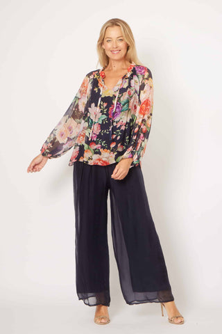 La Strada - Frill Tie Neck Top - Navy/Pink Floral
