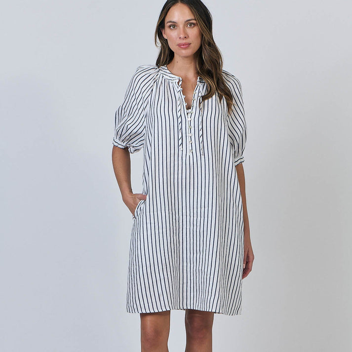 Naturals by O&J - Linen Tie Neck Dress-Blueberry Stripe