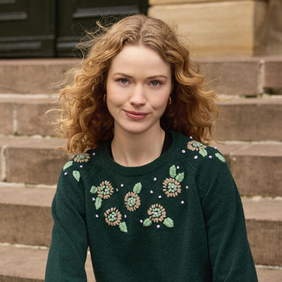 Mansted - Flower Lambswool Embroidered Crewneck Jumper - Cold Green